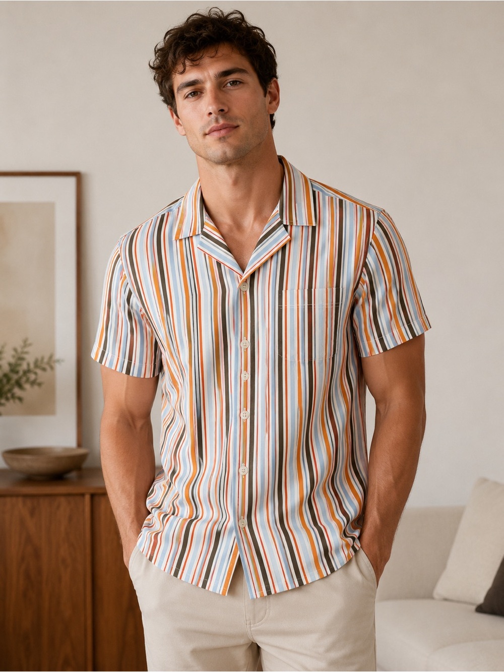 Celebrity Multicolor Stripe Short Sleeve Button Down Shirt